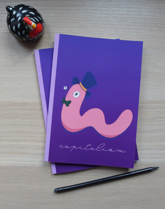 worm in a top hat with a monocle and a bowtie on a light gradient purple background.